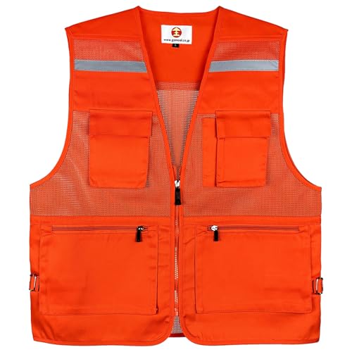 安全ベスト メッシュ ベスト 作業ベスト 多ポケット 多機能ベスト 登山 釣り 防災ベスト にも！ 安全用品 普段着 作業着 高視認 イエロー オレンジ ブルー ブラック ネーム刺繡 (2XL, オレンジ)